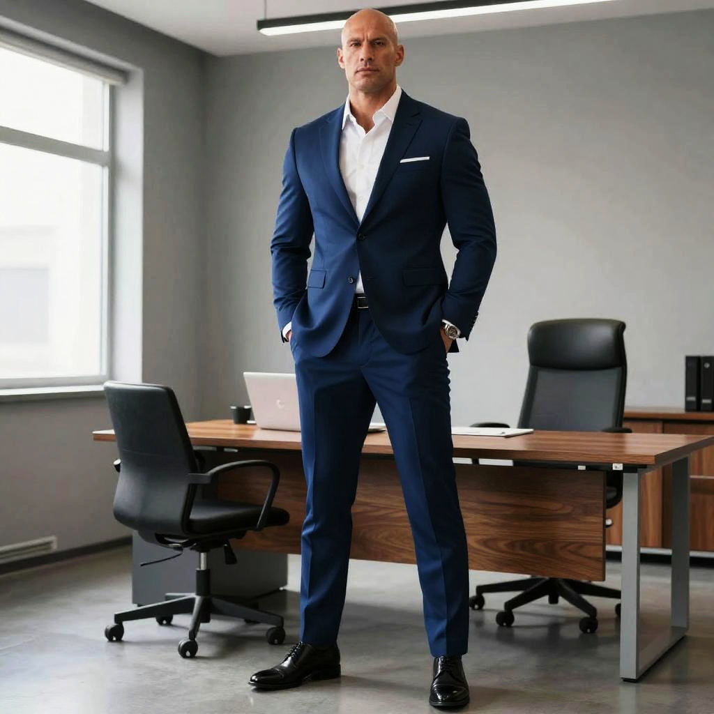 Confident Business Man in Blue Suit Standing in Modern Office