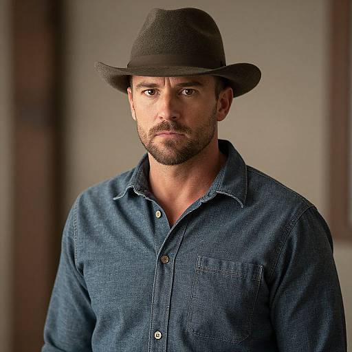 Serious Man in Fedora Hat and Chambray Shirt Portrait