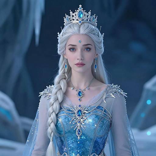 Elegant Ice Queen Woman in Fantasy Blue Gown with Jeweled Crown