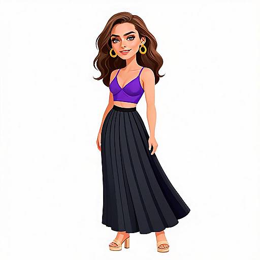 Stylish Woman in Bohemian Chic Outfit with Purple Crop Top and Long Skirt