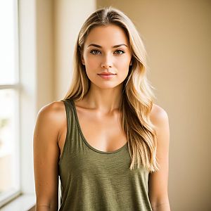 Confident young woman in olive green tank top