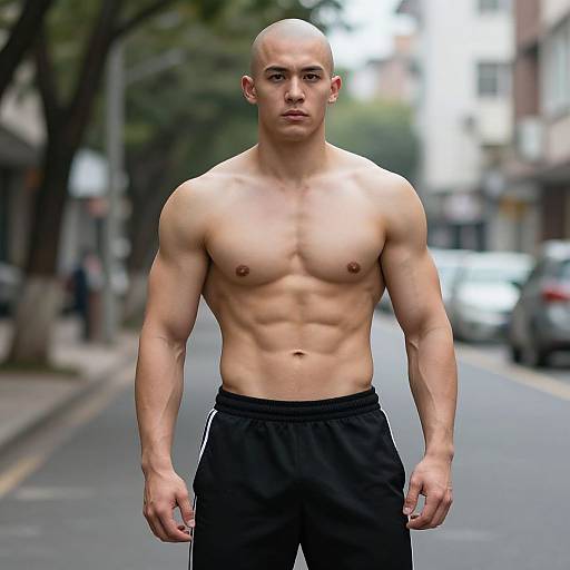 Muscular Bald Man Shirtless in Urban Street Setting Fitness Model