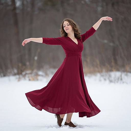 Woman Twirling in Flowing Burgundy Dress on Snowy Winter Day