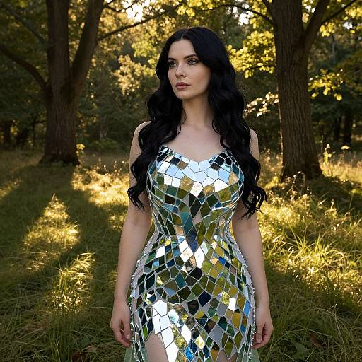 Woman in Reflective Mosaic Dress Standing in Sunlit Forest