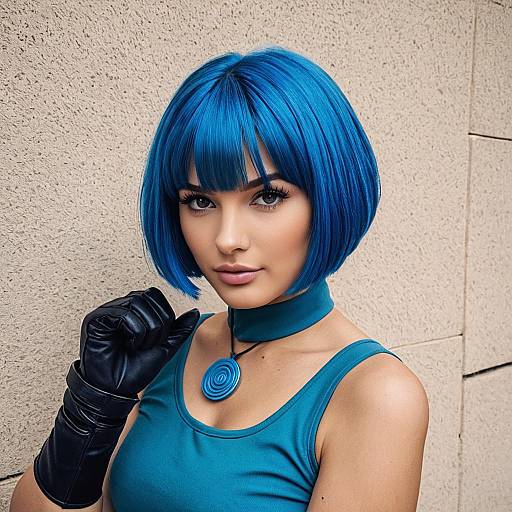 Woman with Blue Bob Hair and Modern Teal Outfit with Black Leather Gloves