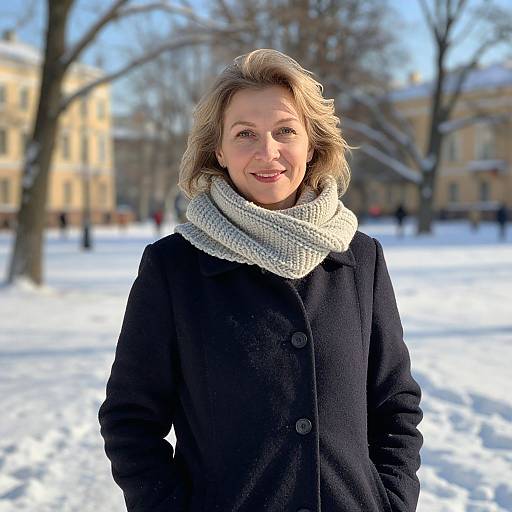 Middle-aged Woman in Winter Coat and Scarf Outdoors in Snow