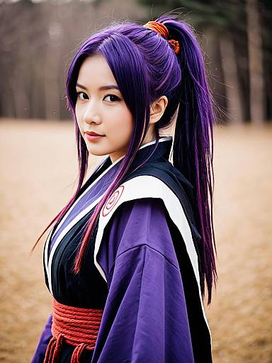 Akatsuki Log Horizon Woman Cosplay with Purple Hair Outdoors