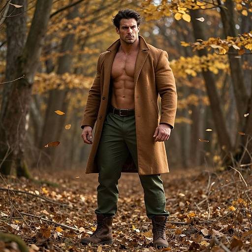 Muscular Man in Camel Overcoat Standing in Autumn Forest