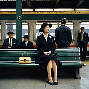 Melancholic Woman in Vintage Train Station