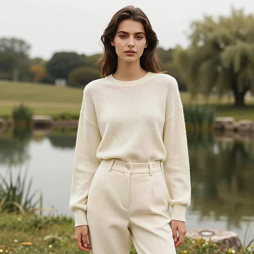 Minimalist Chic Cream Colored Set on Woman Outdoors