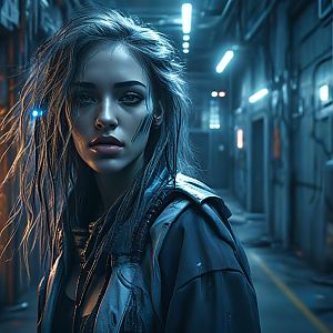 Young Woman in Futuristic Corridor
