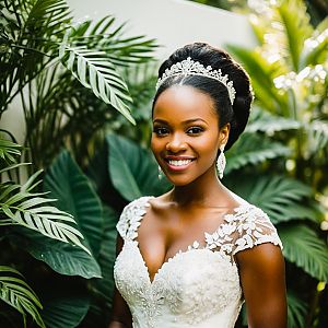 Radiant Bride in Embroidered Wedding Gown Amidst Greenery