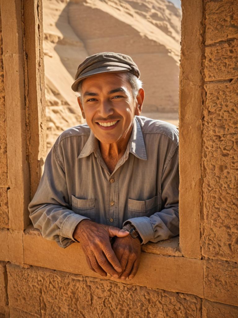 Smiling Old Man Through Window in Golden Sunlight