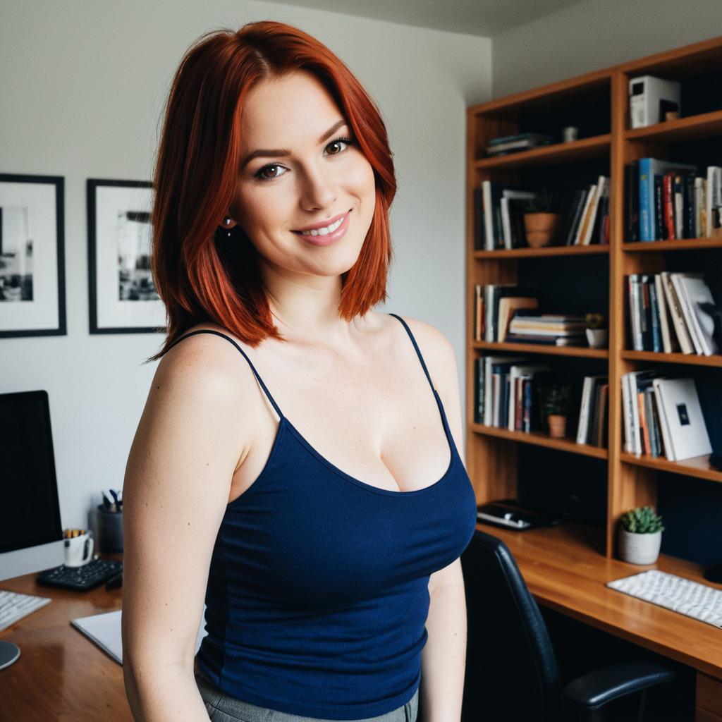 Confident Red-Haired Woman in Home Office Smiling Warmly