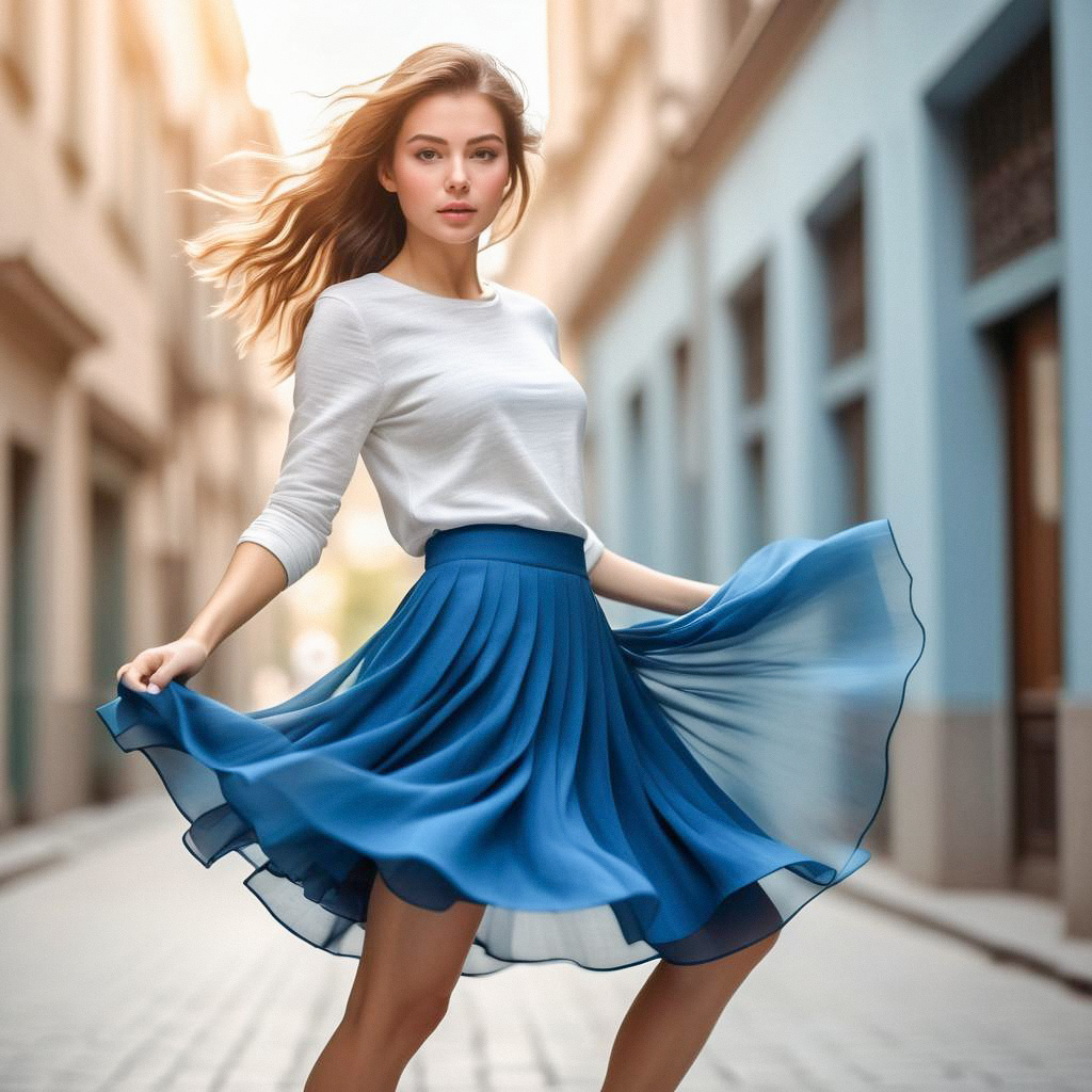 Young woman twirling in blue skirt