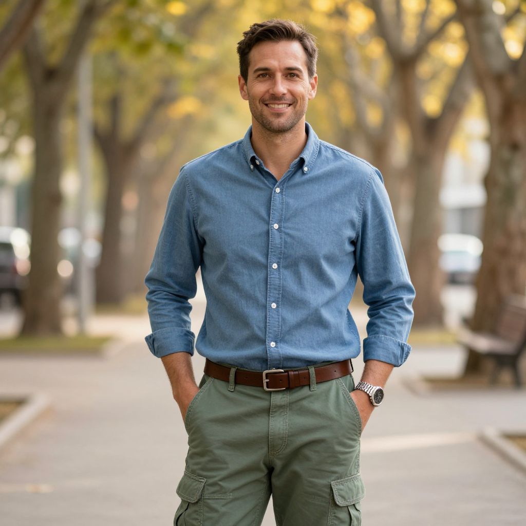 Confident Man in Casual Denim Shirt and Cargo Pants Outdoors