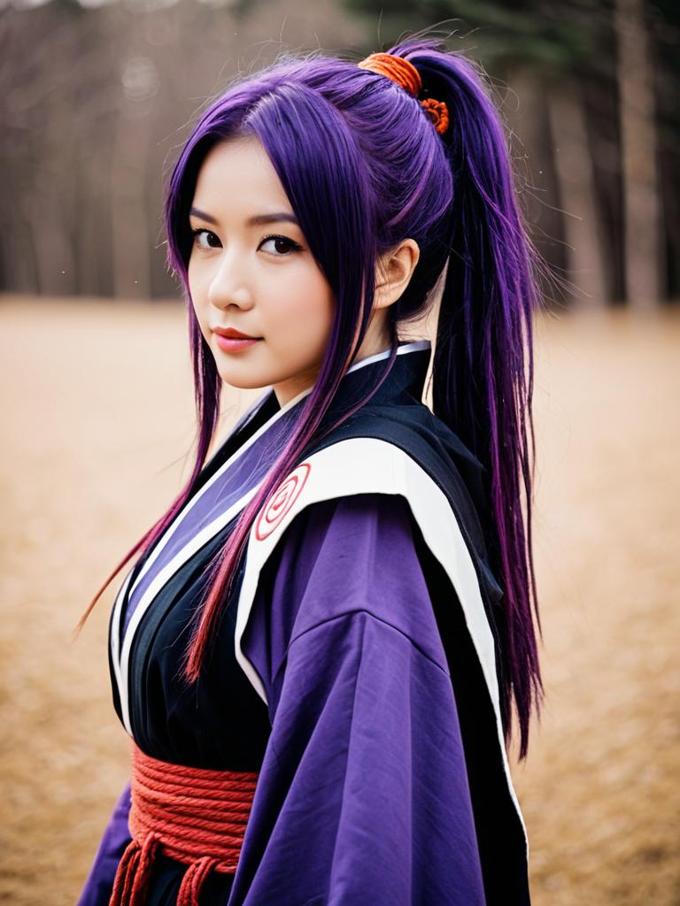 Akatsuki Log Horizon Woman Cosplay with Purple Hair Outdoors