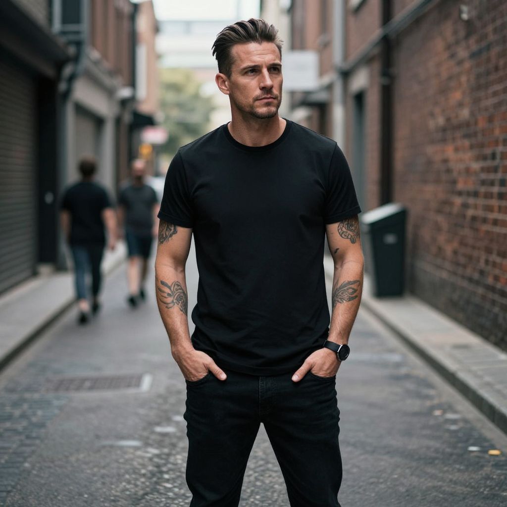Confident Man in Black Outfit Standing in Urban Alleyway Street Style