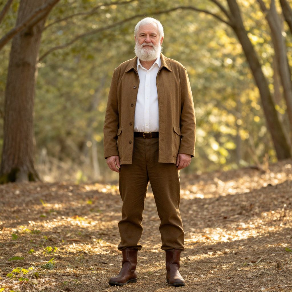 Elderly Man Standing on Forest Path in Autumn