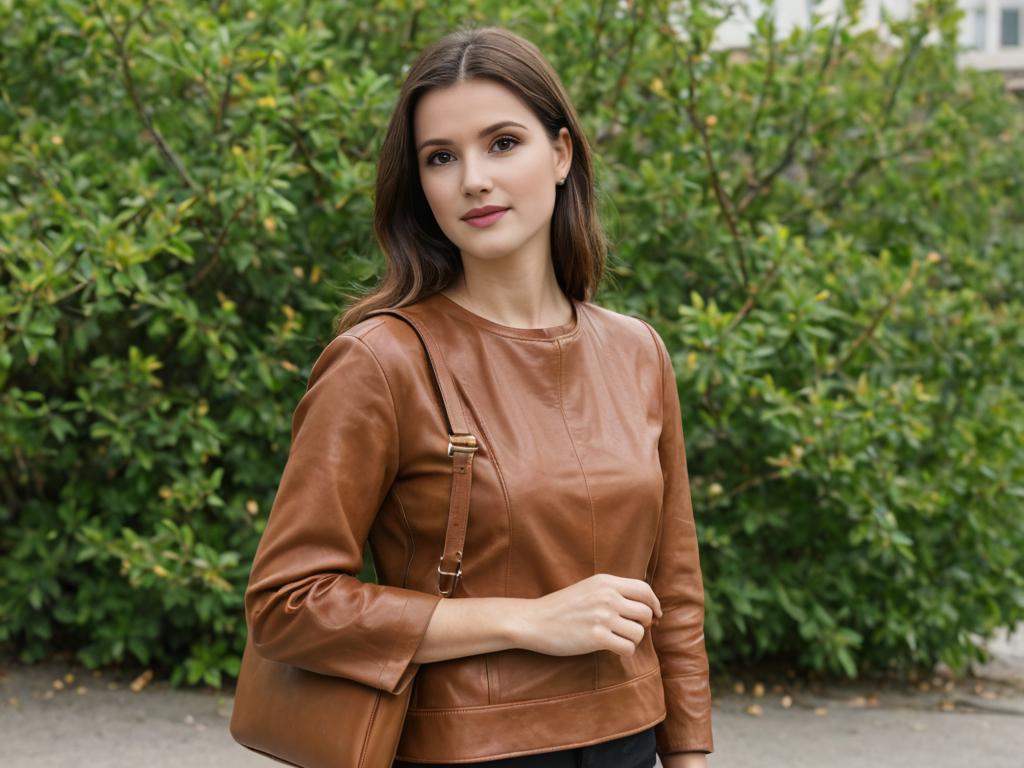 Elegant Woman in Chic Leather Jacket with Stylish Handbag