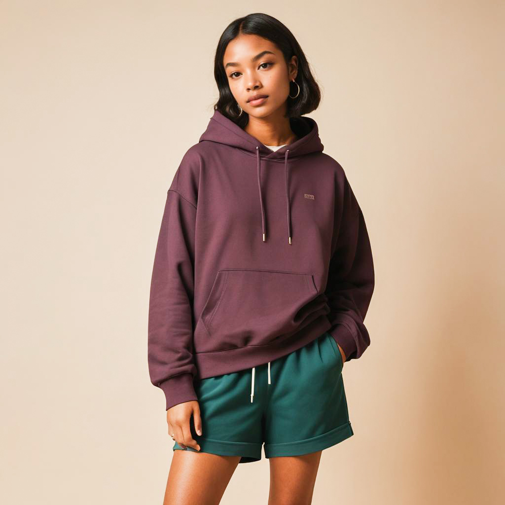 Young Woman in Maroon Hoodie and Green Shorts