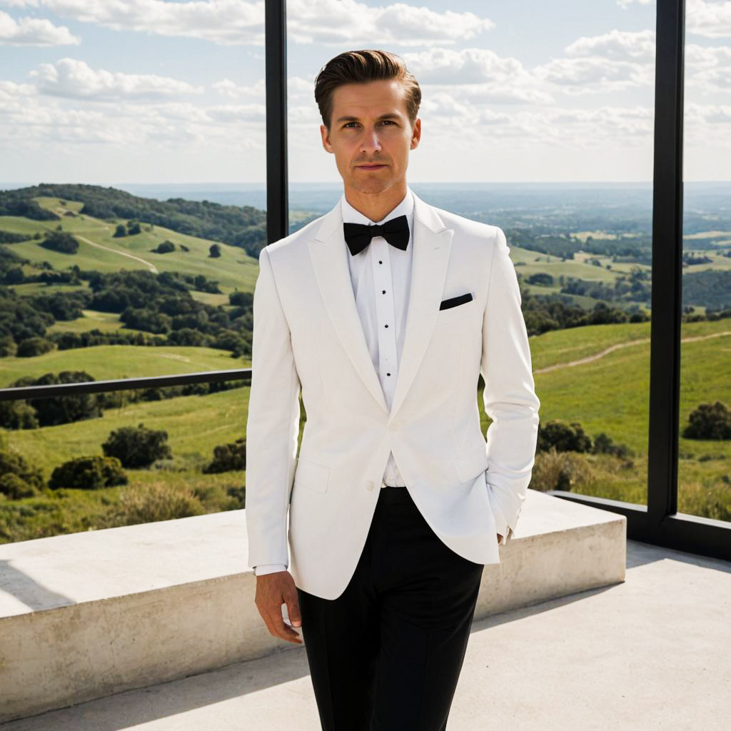 Stylish Man in White Tuxedo Against Scenic Landscape