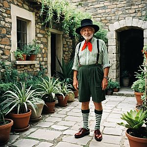 Elderly Man in Vintage Outfit Standing in Stone Courtyard with Potted Plants