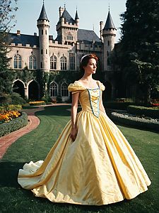 Woman in Belle Dress Photorealistic Outdoor Castle Garden Portrait