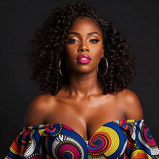 Confident Woman in Colorful Afrocentric Fashion with Curly Hair