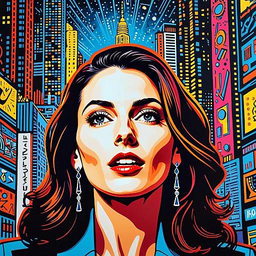 Pop Art Portrait of Woman with Vibrant Cityscape Background