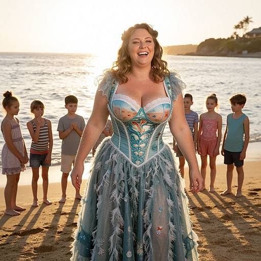 Joyful Woman in Vintage Dress with Children on Beach at Sunset
