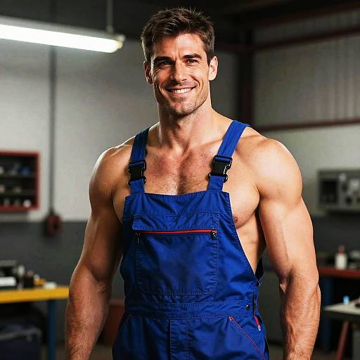Muscular Man in Blue Overalls in Workshop