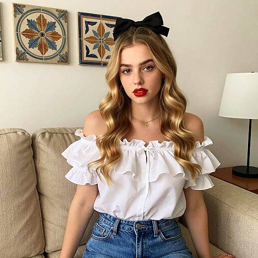 Young Woman in White Ruffled Blouse and Blue Jeans Sitting on Sofa