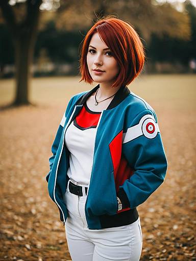 Young Woman in Pokémon-Inspired Jacket with Red Hair Outdoors
