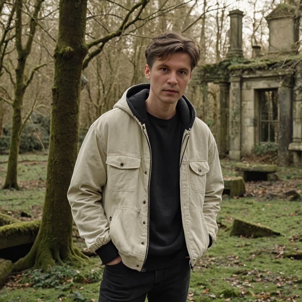 Contemplative Man in Serene Forest with Ancient Ruins