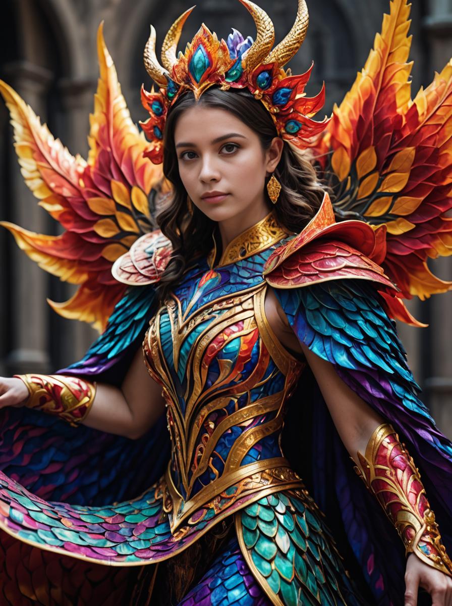 Fantasy Woman in Colorful Costume with Feathered Wings