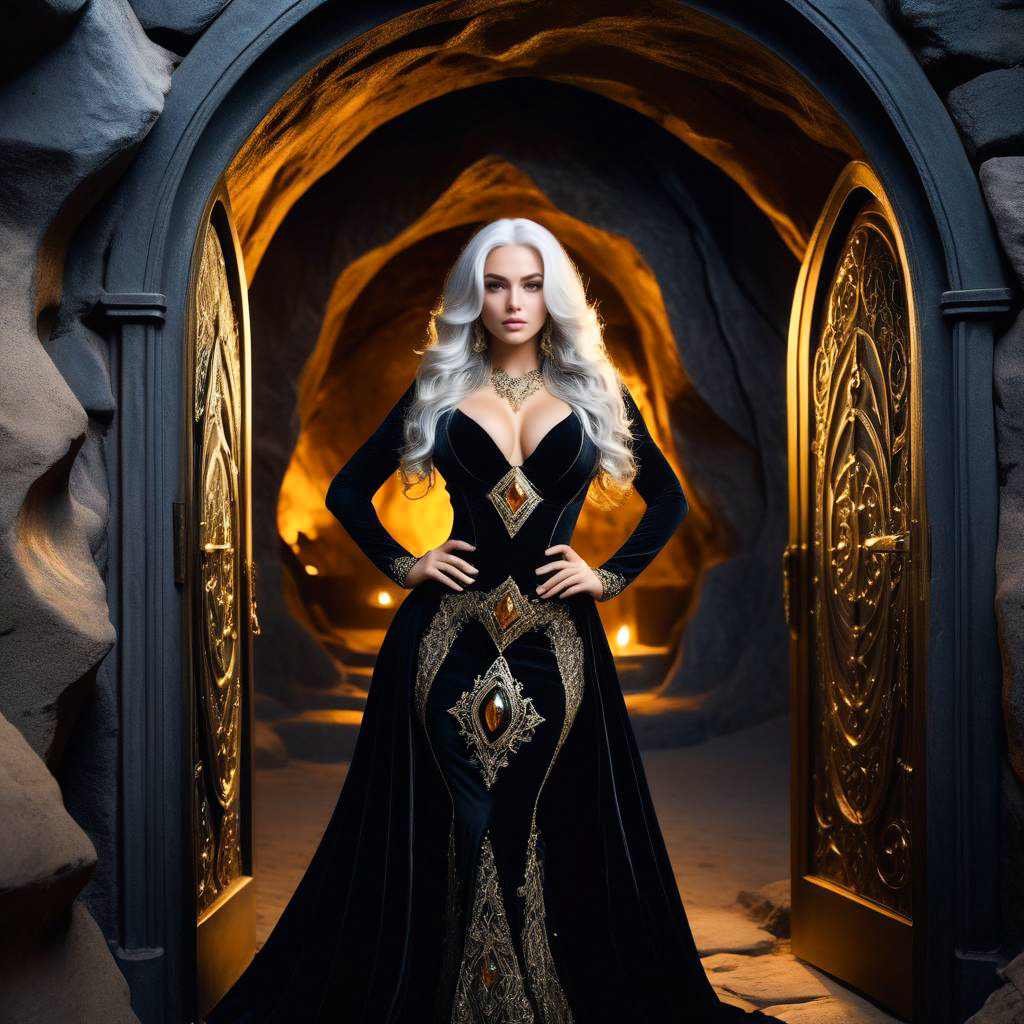 Confident Woman in Luxurious Gown at Mystical Cave Entrance