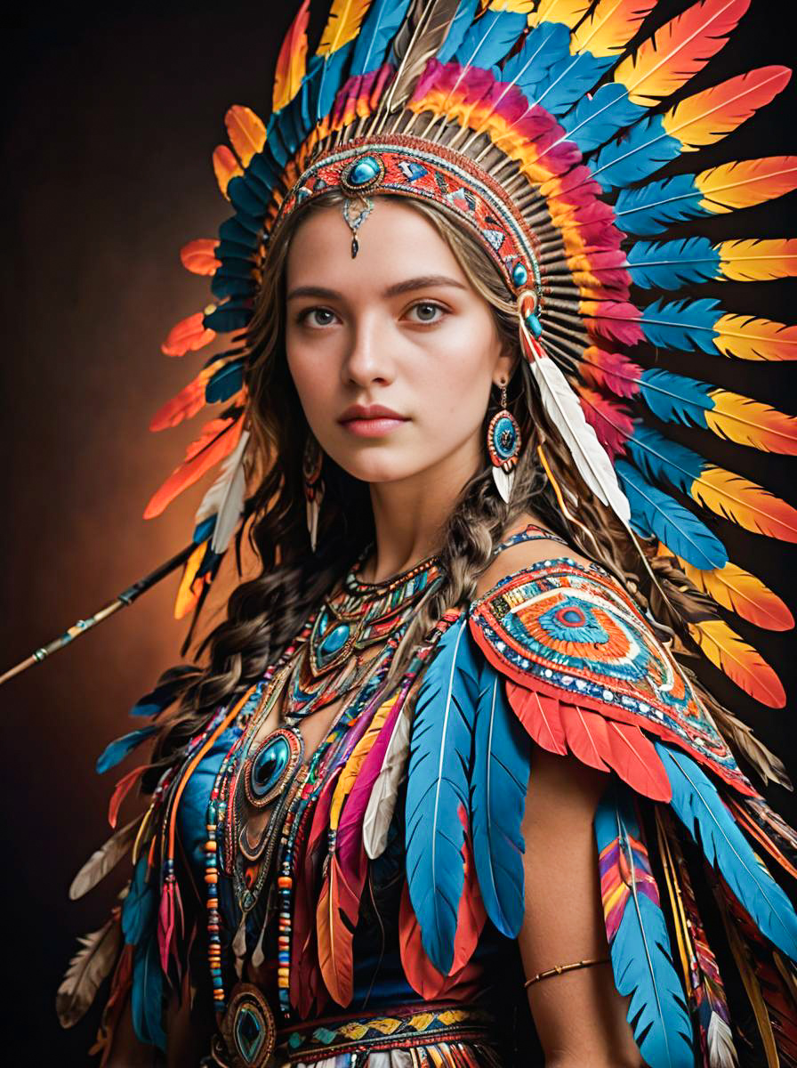 Woman in Traditional Costume with Feathered Headdress