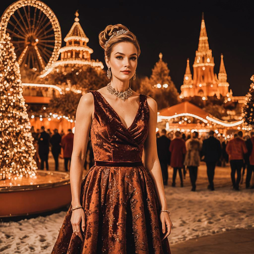 Elegant Woman in Velvet Gown with Holiday Backdrop