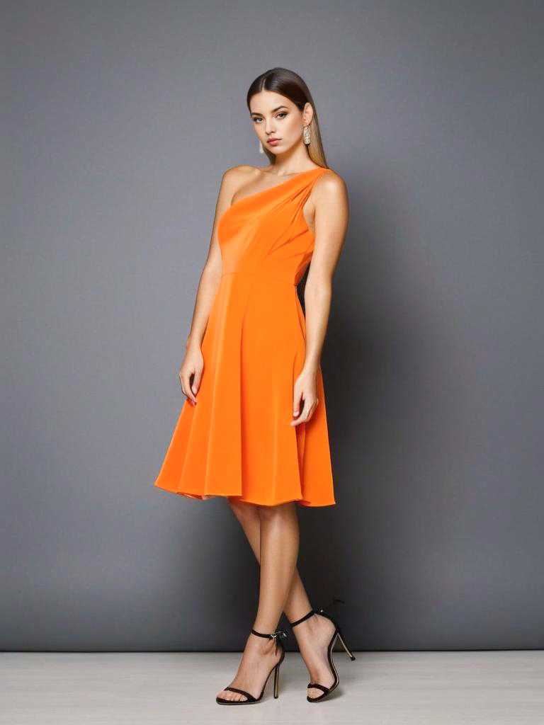 Elegant Woman in Orange One-Shoulder Dress