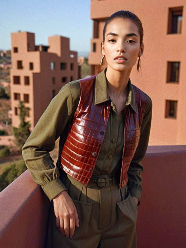 Stylish Woman in Brown Leather Vest and Green Jumpsuit