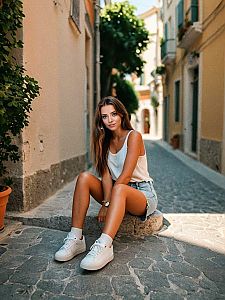 Young Woman in Summer Attire on Cobblestone Street