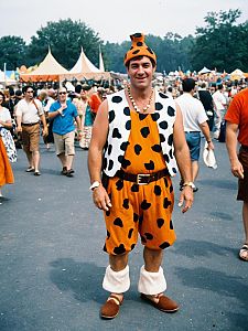 Man in Fred Flintstone Costume at Outdoor Festival Cosplay