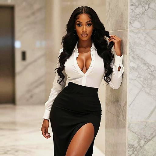 Confident Woman in White Blouse and Black High-Slit Skirt Posing Indoors