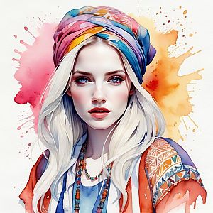 Watercolor Portrait of Young Woman in Bohemian Style