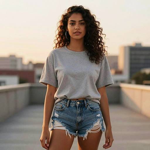 Confident Young Woman in Casual Grey T-Shirt and Distressed Denim Shorts on Rooftop