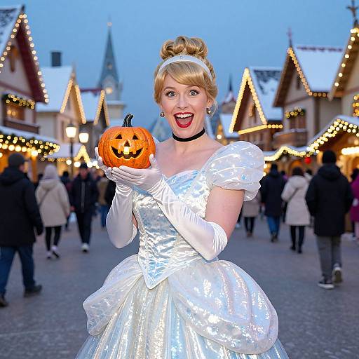 Cinderella Holding Pumpkin at Festive Outdoor Market with Holiday Lights