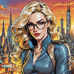 Blonde Woman with Glasses in Comic Style Cityscape Sunset