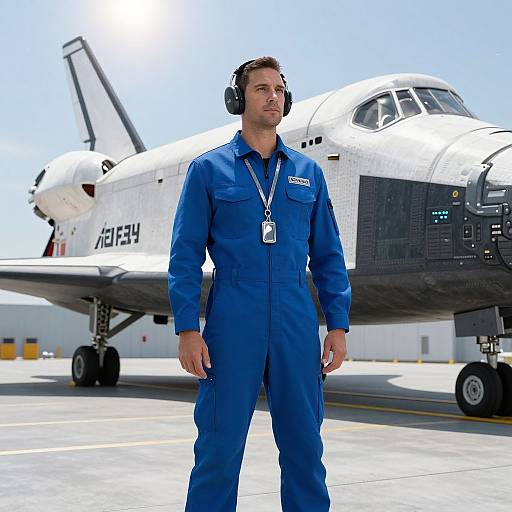 Man in Blue Flight Suit Standing by Space Shuttle on Runway