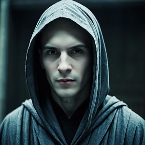 Close-up of a Man in Dark Hooded Robe